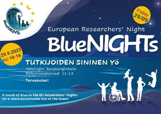 BlueNIGHTs-tapahtumamainos: Tutkijoiden sininen yö, Helsingin kaupungintalo, Pohjoisesplanadi 11-13, 29.9.2023 klo 10-16. Tervetuloa!